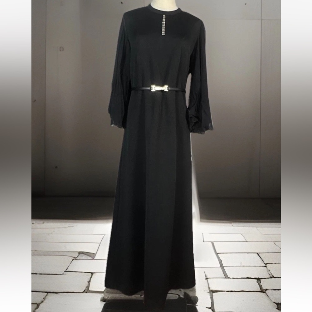 (L) VINTAGE LESLIE POMER Black Maxi Dress with Pleated Sheer Sleeves - Picture 11 of 16